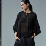 Women's Black Puff Sleeve Cotton Shirt
